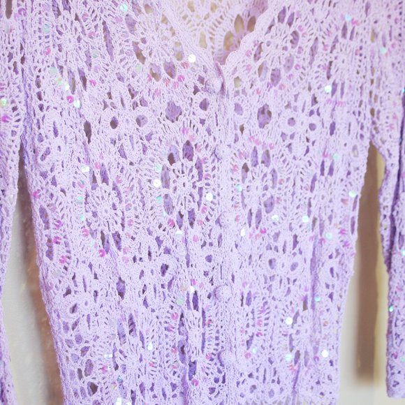 lilac iridescent sequin knit button up cardigan - Picture 4 of 9